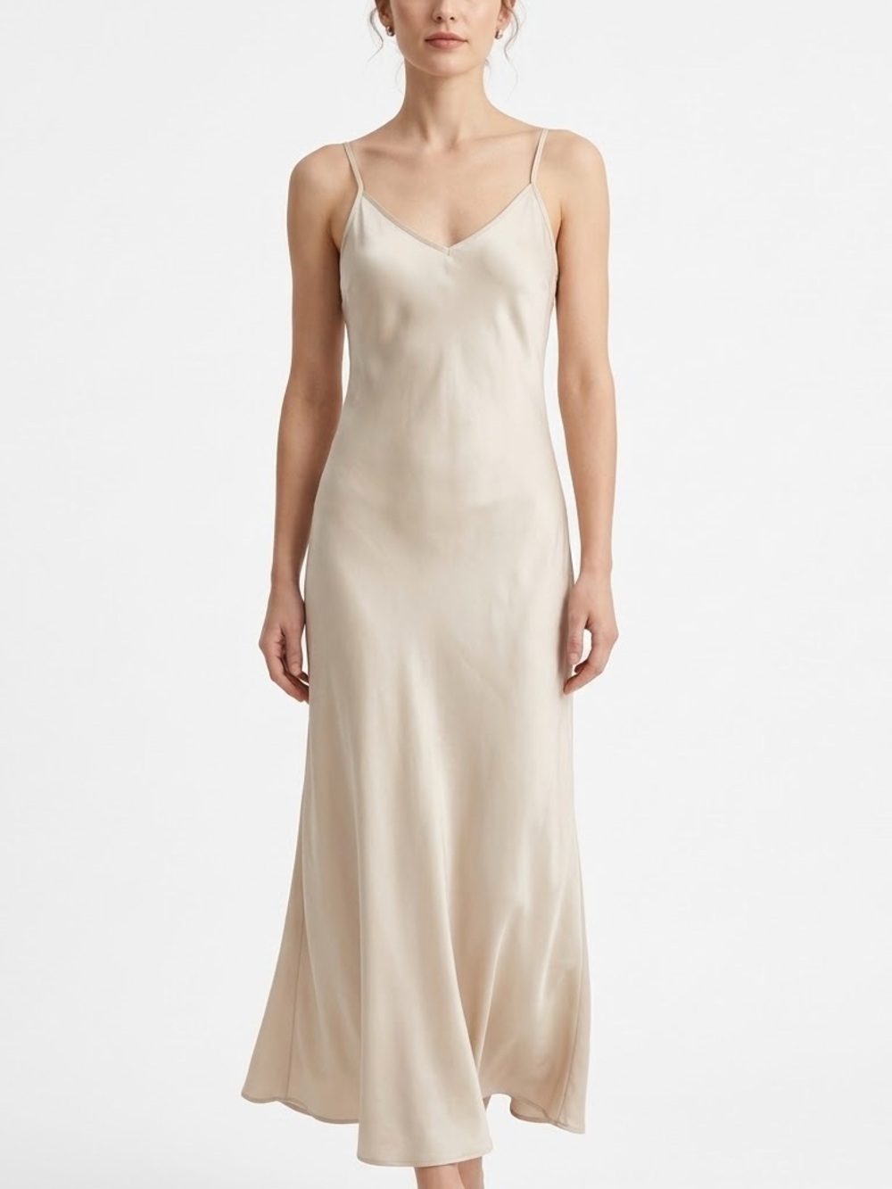 House of Harlow 1960 Champagne Satin Slip Midi Dress Womens Small V-Neck